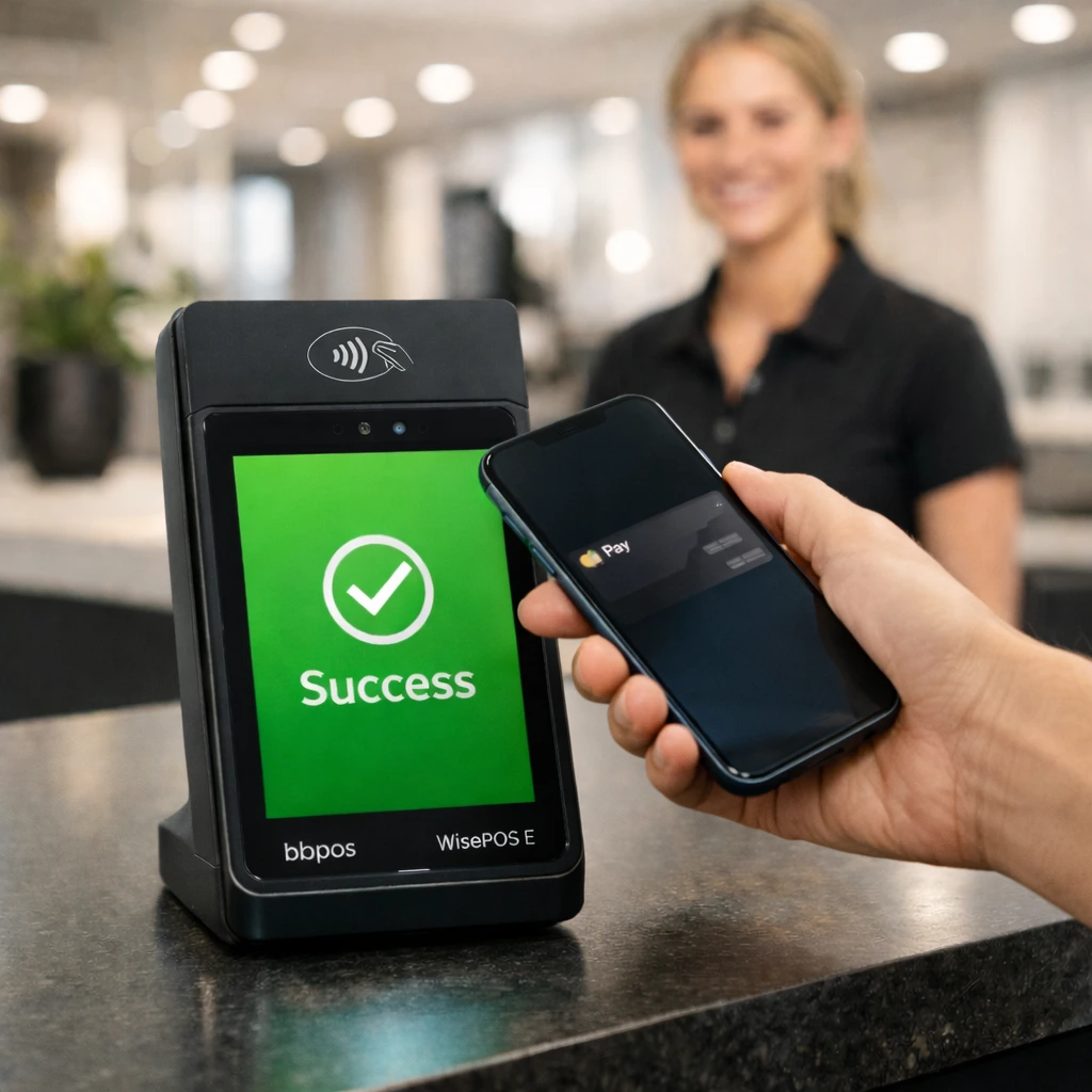 BBPOS WisePOS E Stripe Terminal Contactless Payment A member using a smart phone for a contactless payment on a BBPOS WisePOS E Stripe terminal at a gym front desk.